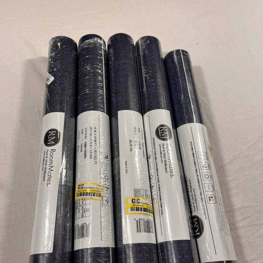 5 Lot RoomMates Peel & Stick Wallpaper Navy Blue NEW Faux Grasscloth RMK11698RL